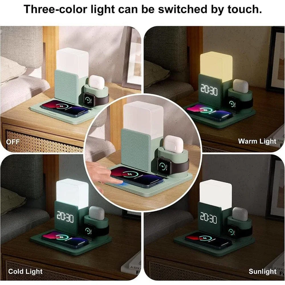 SALE! 6 in 1 Wireless Charging Station with Bedside Lamp and Alarm Clock